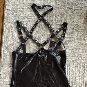 Lovehoney Wet Look Studded Mini Dress Black Large NWT Faux Leather Harness Style